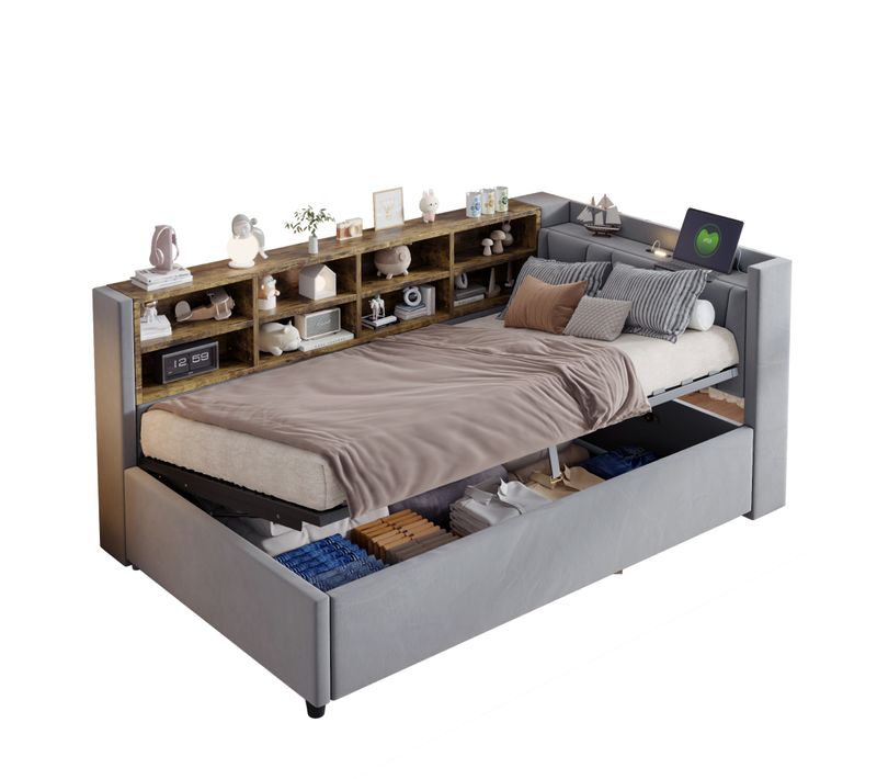 Lit Enfant Coffre 90x200 Cm, Ports USB/type-c, Compartiments De Rangement, Velours, Gris Clair