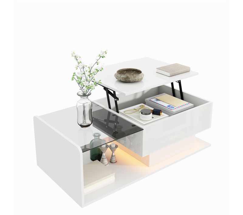Table Basse Rectangulaire 100x50x33-47.5 Cm Avec LED, Plateau Relevable, En Mdf, Couleur Blanche