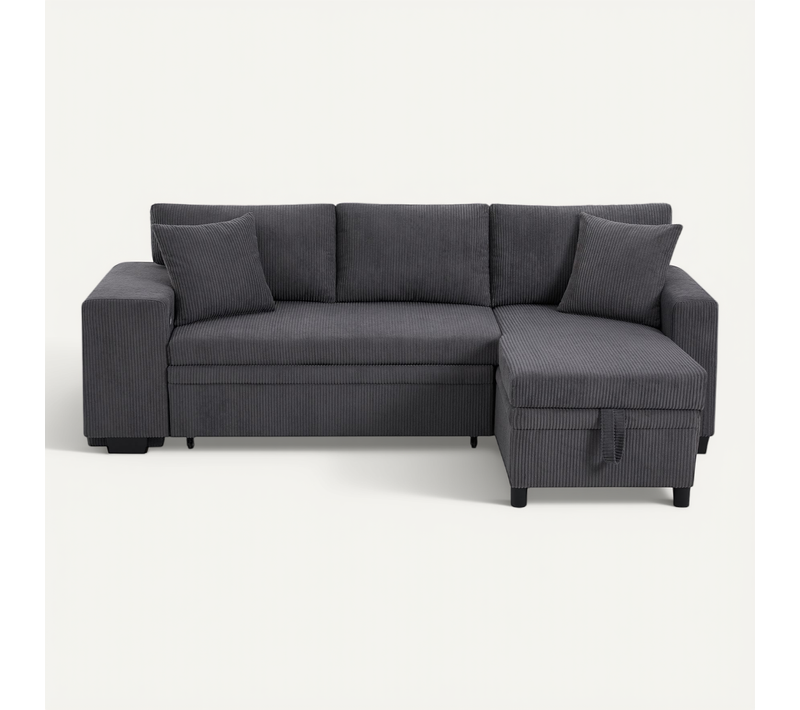 Canapé Angle Convertible 3 Places Avec USB+type-c, Rangement Et Étagère, Velours Côtelé Gris