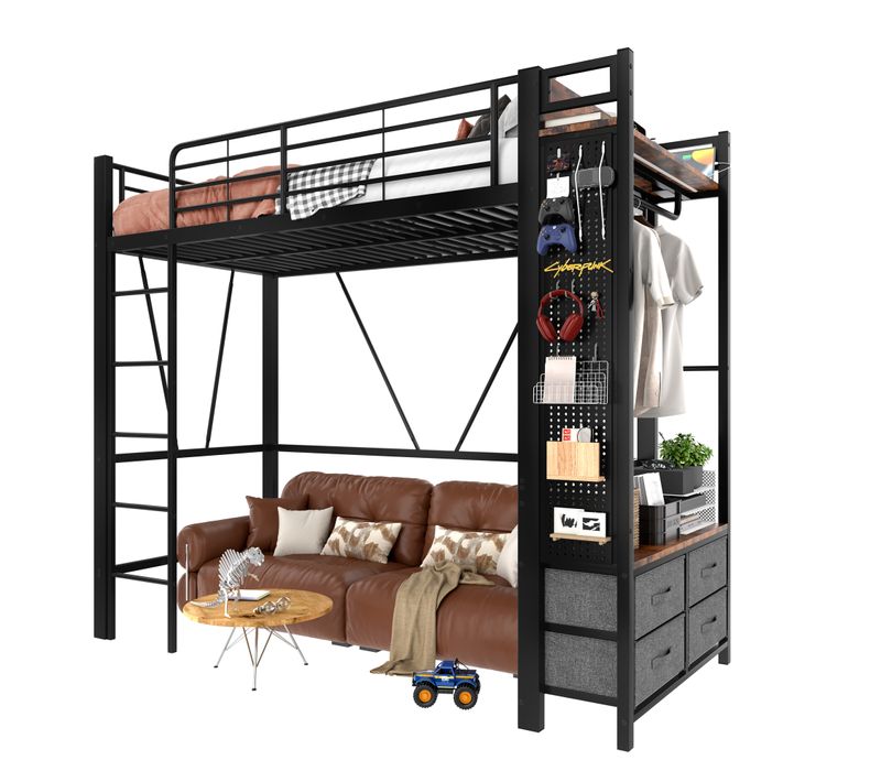 Lit Mezzanine Enfant 90x200 Cm, Lit Simple Avec 4 Tiroirs, Étagère, USB, Type-c Et LED, Métal, Noir