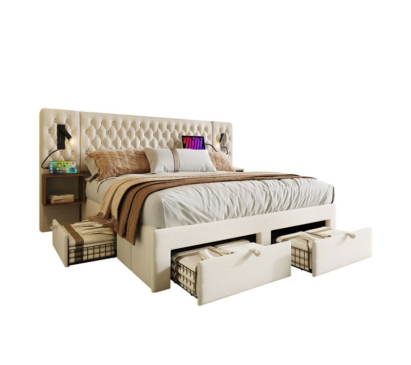 Lit Adulte 180x200 Cm Avec 4 Tiroirs, 2 Tables De Chevet, Lampes, USB/type C, En Velours, Beige