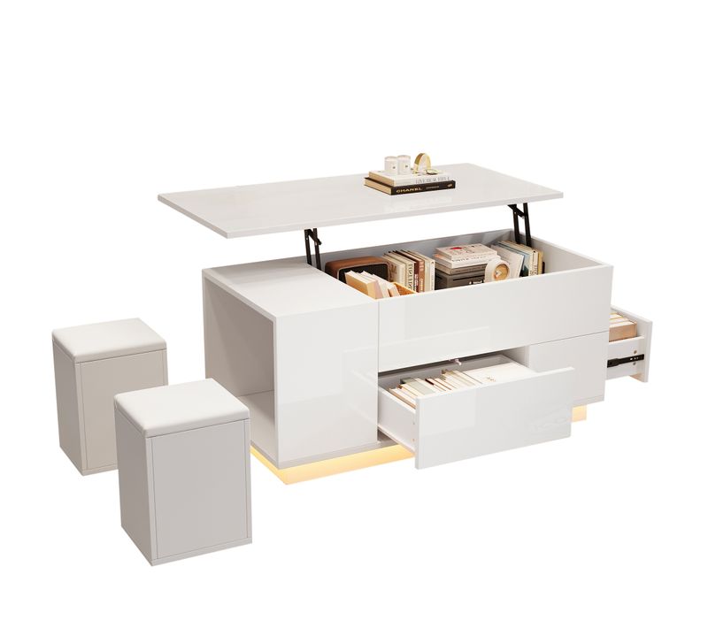 Table Basse Rectangulaire Réglable 100x50x45-59 Cm Avec 2 Tiroirs, LED, 2 Tabourets, Blanc