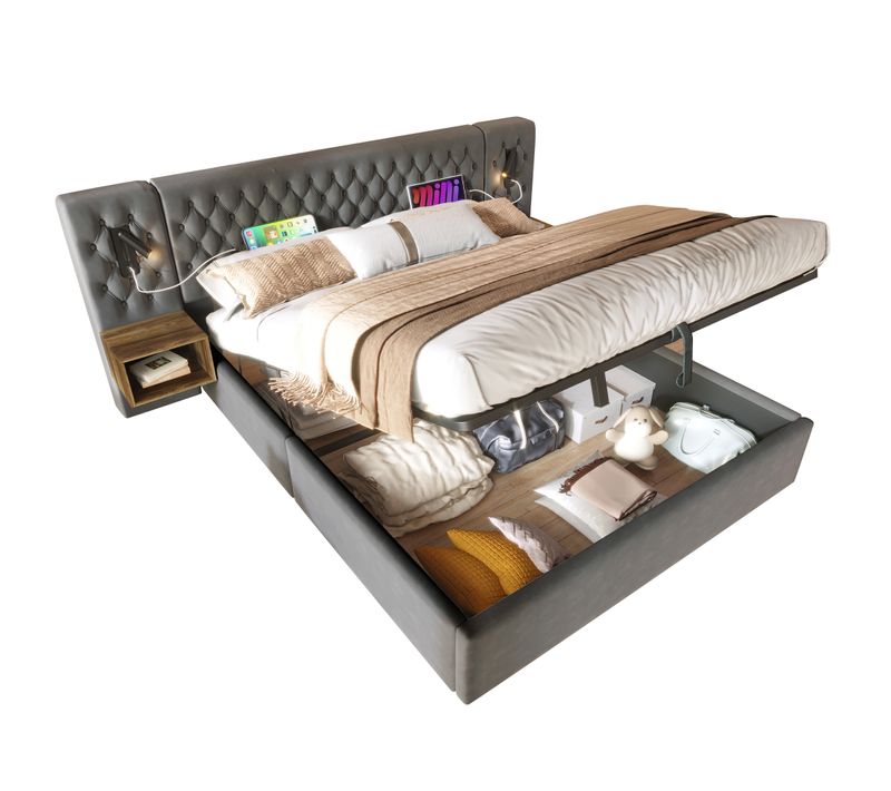 Lit Coffre 160x200 Cm Avec Chevets, Lampe De Lecture Et LED, Velours, Gris