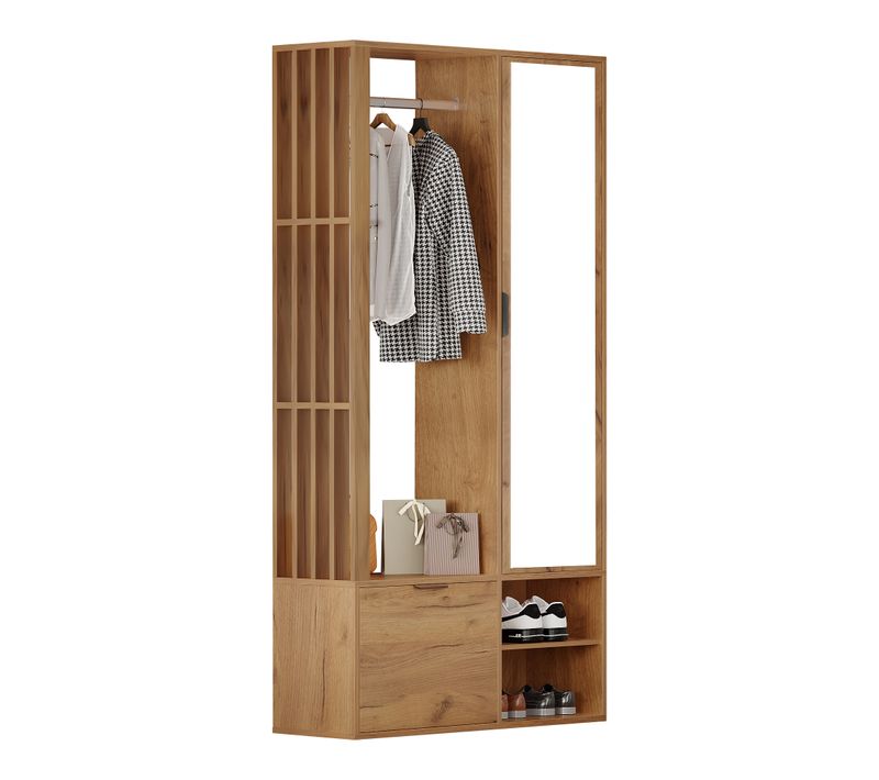 Armoire D’entrée 100x33x190 Cm Avec 2 Portes, Penderie, Miroir Et Étagère, Couleur Chêne