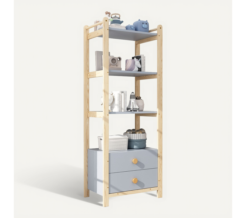 Étagère de rangement 70x44x180 Cm Avec 2 Tiroirs et 3 niveaux,  Mdf, Bleu Et Chêne