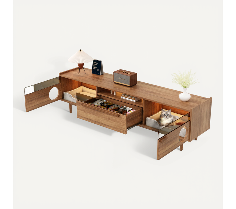 Meuble TV 180×40×50 Cm Avec 1 Tiroir, LED, Niche Pour Chat, Compatible TV 60-70 Pouces, Mdf, Chêne