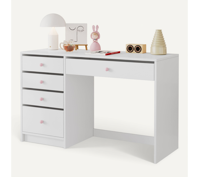 Bureau Multifonctionnel 120x45x74cm, 5 Tiroirs, Poignées En Céramique Rose, Mdf, Blanc