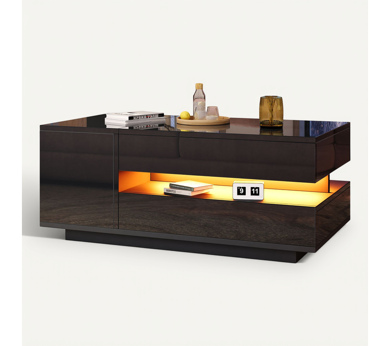 Table Basse Rectangulaire Relevable 95x50x40-54,5 Cm Avec 1 Tiroir, 1 Porte, Rangement, LED, Noire