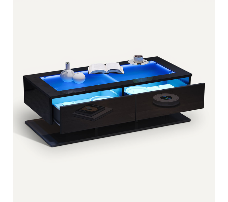 Table Basse Moderne 100x50x35 Cm Avec LED, Plateau En Verre Et 2 Tiroirs, Panneaux Particules, Noir