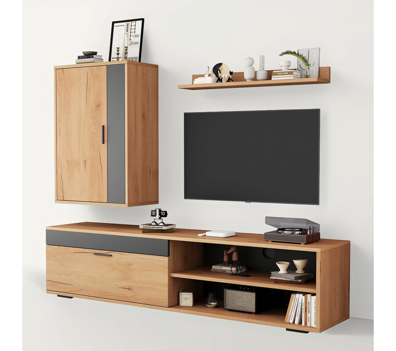Ensemble Meuble TV Mural Avec 2 Portes Et Étagères Ouvertes, Panneaux Particules, Couleur Bois