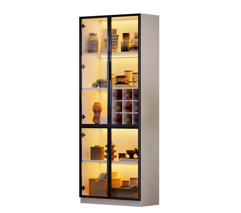 Vitrine 80x35x200 Cm Avec 2 Portes En Verre, LED, Étagères Réglables, Rangement à Vin, Mdf, Blanc