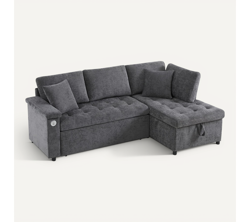 Canapé Convertible 3 Places Avec 2 Coussins, USB, Rangement, Fonction De Lit, Tissu, Gris Foncé