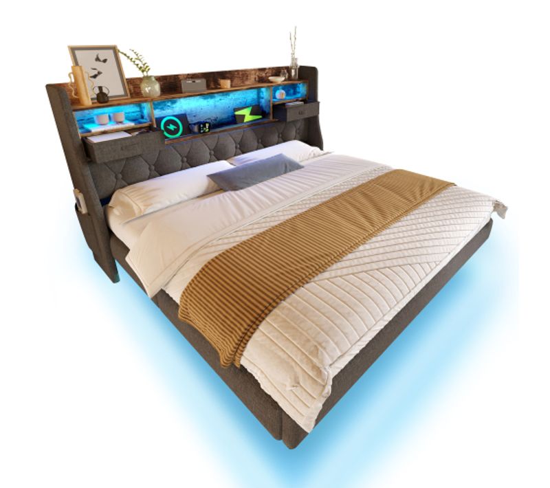 Lit Adulte 180x200cm, 2 Petits Tiroirs, Avec Éclairage LED, 1 Port Type-c, 3 Ports USB, Lin, Gris