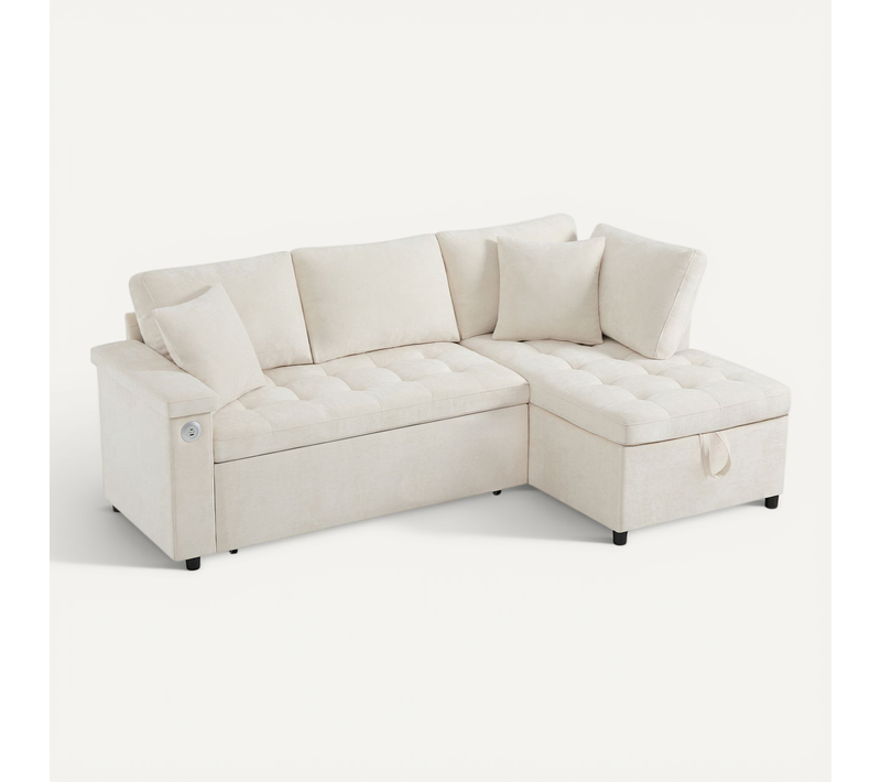 Canapé Angle Convertible 3 Places Avec 2 Coussins, USB, Rangement, Fonction De Lit, Tissu, Beige
