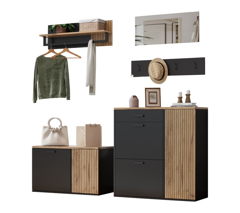 Ensemble De Vestiaire D’entrée Avec 1 Miroir, 1 Tiroir, Étagères, Crochets, Banc, Noir Et Chêne