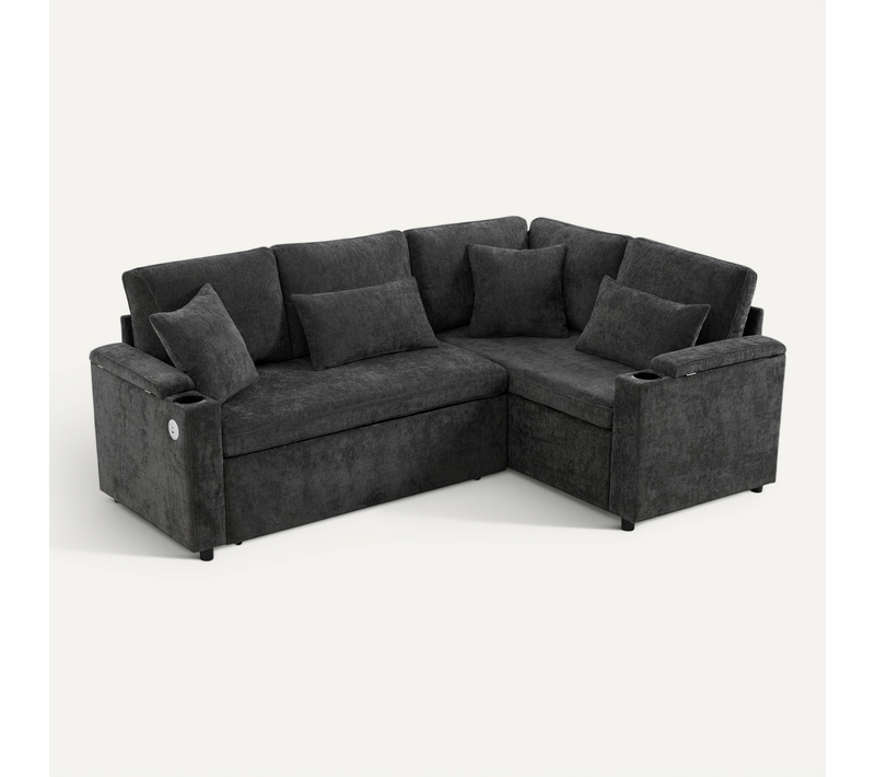 Canapé Angle Convertible Avec Porte-gobelets, USB, Coussins, Rangement, En Tissu, Gris Foncé