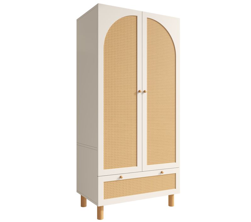 Armoire 85,5 X 52 X 180,5 Cm, 2 Portes En Rotin, 1 Tiroir, Tringle à Vêtements, Blanc