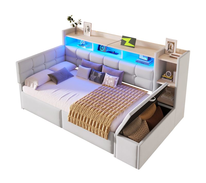 Lit Enfant 90x190 Cm Avec 2 Tiroirs, 1 banc et niches De Rangement, LED, Velours, Blanc