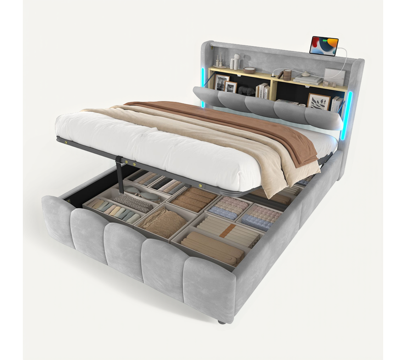 Lit coffre 140×200 cm en velours gris avec LED, tête de lit rangement et USB/Type-C