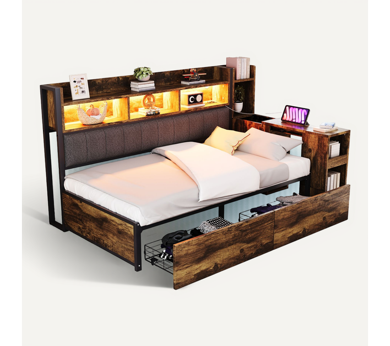 Lit Enfant 90x200cm Avec Lumières LED Et Prises Électriques, 2 Tiroirs, Bureau Coulissant, Bois