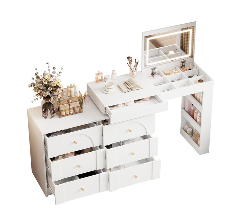 Coiffeuse Pivotante, 7 Tiroirs, Étagères Latérales Ouvertes, Miroir De Maquillage LED, Blanc