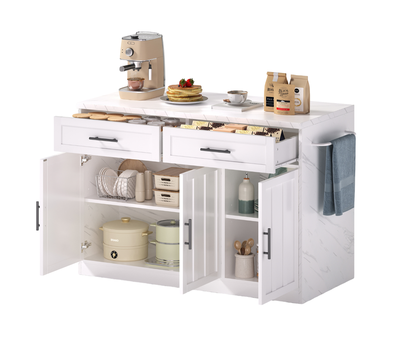 Chariot De Cuisine 120x60x91 Cm Avec 2 Tiroirs, 3 Portes, Prise USB, Étagères Réglables, Blanc