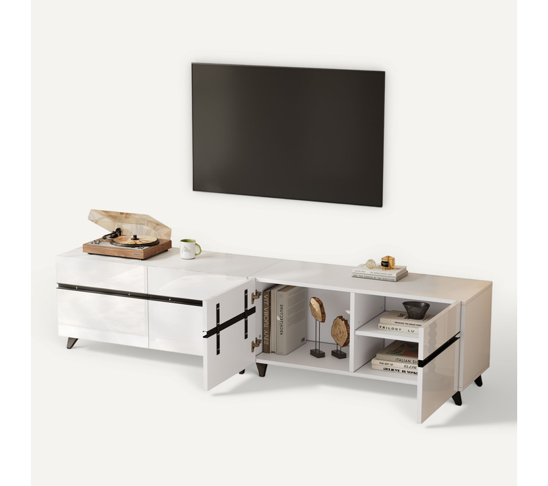Meuble TV 180x40x49cm, 4 Portes, Convient Aux Téléviseurs De 80/75/70 Pouces, Blanc.brillant