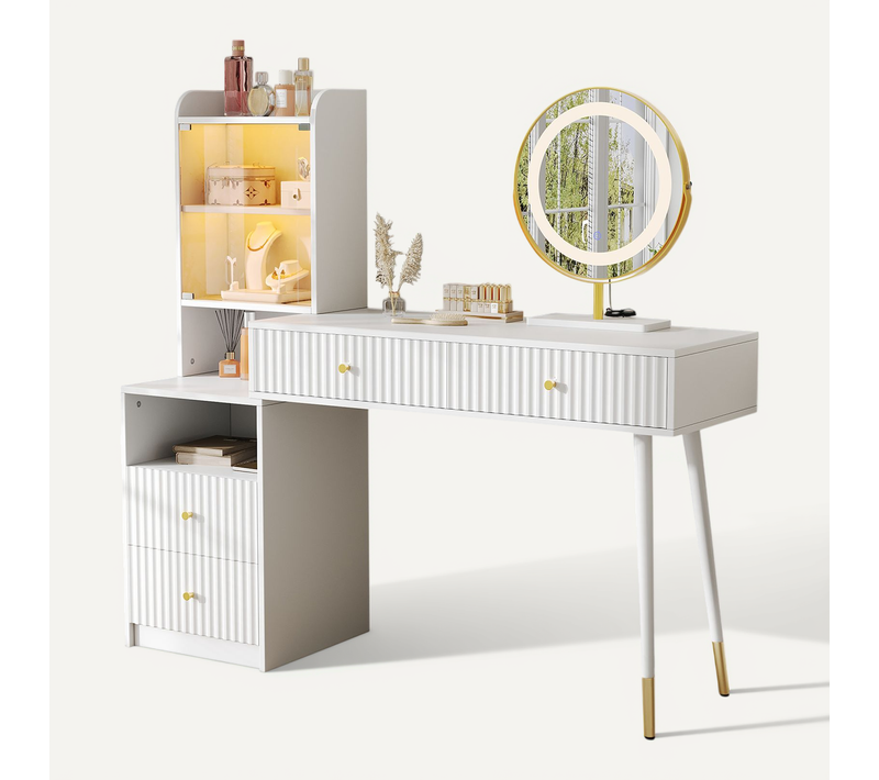 Coiffeuse 100x40x125 Cm Avec Miroir LED, 4 Tiroirs, Vitrine Éclairée, Niche Ouverte, Blanc