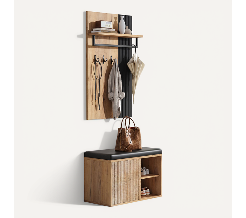 Vestiaire 70x36x146cm, Avec Banc À Chaussures Et 3 Crochets, Naturel Et Noir