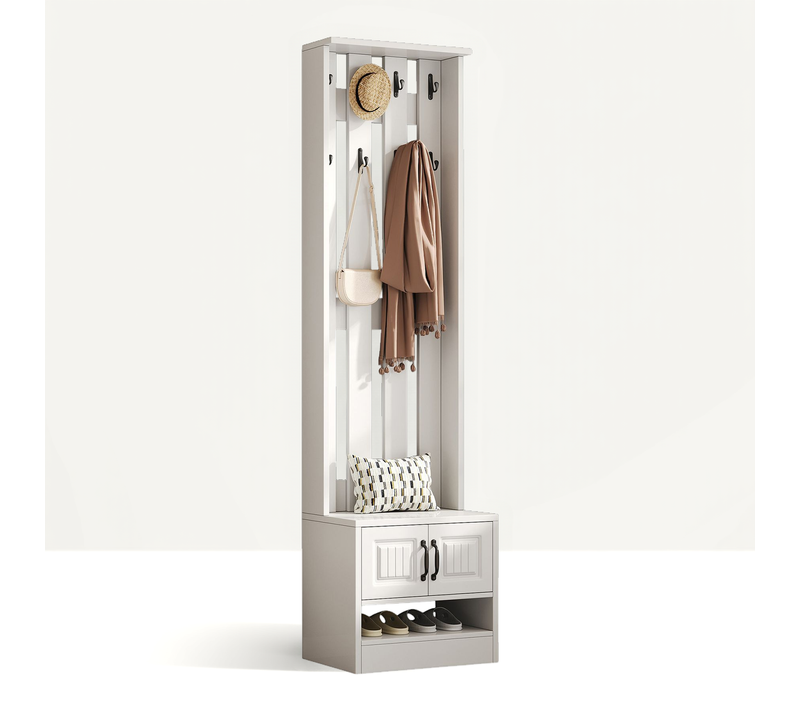 Vestiaire D'entrée Multifonctionnel Armoire à Chaussures 50x36x190cm, 2 Portes, 8 Crochets, Blanc