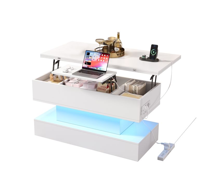 Table Basse Relevable 100x50x51,5 Cm Avec USB-c, LED, Rangement, Plateau Extensible, Mdf, Blanc
