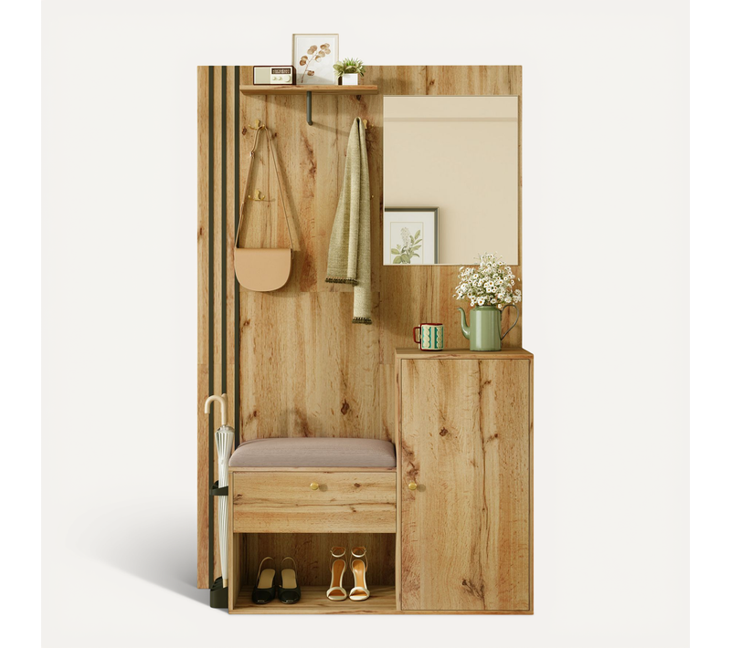 Vestiaire meuble D'entrée 115x37x185cm Avec meuble à chaussures, banc et miroir, MDF, Couleur Bois