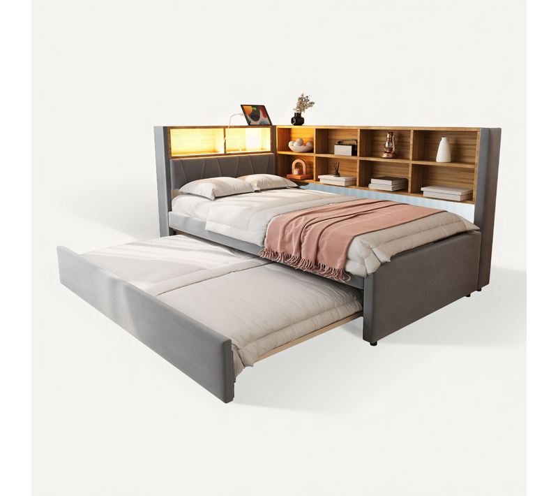 Lit Enfant LED 90x200 Cm Lit Gigogne 90x190 Cm, Port De Recharge Et Rangement, Flanelle, Gris Foncé