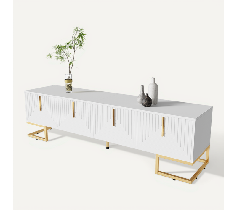 Meuble TV 170×40×45,5 Cm Avec 4 Portes, Adapté Pour Télévision De 70–79 Pouces, Couleur Blanc Et Or