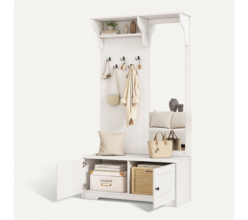 Vestiaire 100x40x180 Cm Avec Miroir, 2 Portes, Meuble à Chaussures, Étagère Et Crochets, Mdf, Blanc