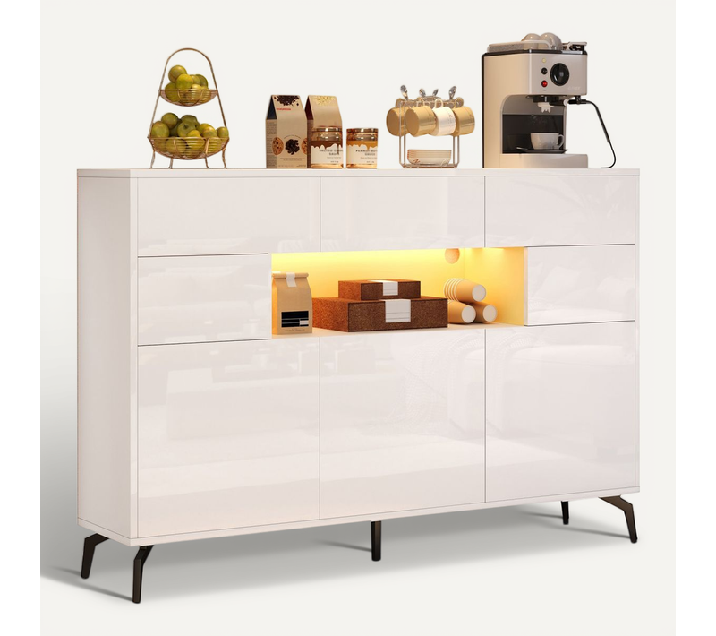 Buffet 140x30x94 Cm Avec 3 Tiroirs, Pieds En Métal, LED, 3 Portes, Rangement, En Mdf, Blanc