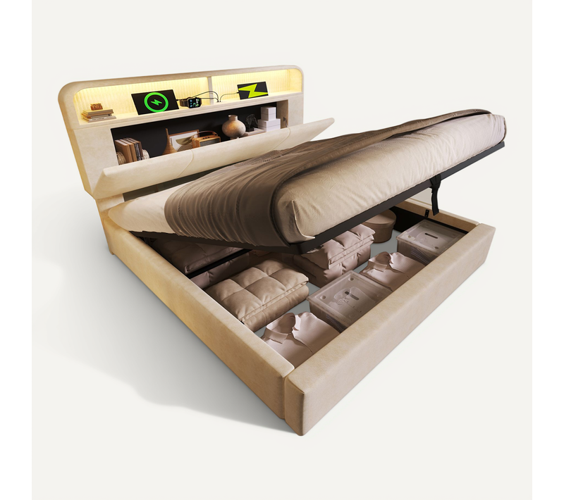 Lit coffre 2 places 160×200 cm avec LED, tête de lit réglable et USB/Type-C, velours beige