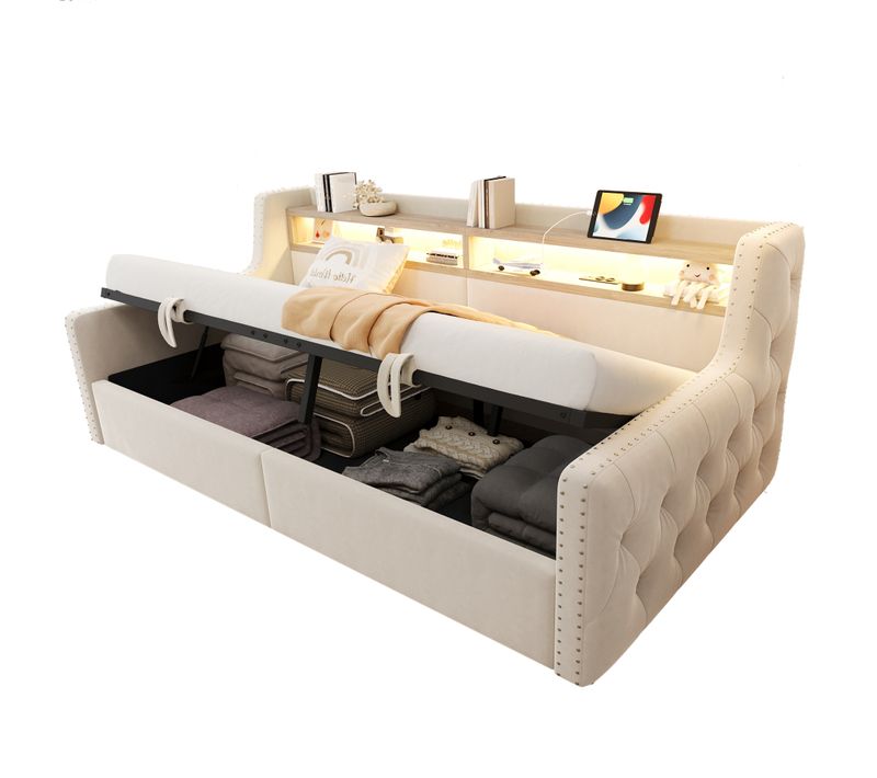 Lit Coffre Enfant 90x200 Cm Avec Éclairage LED, Rangement Hydraulique, Prises USB-c, Velours, Beige