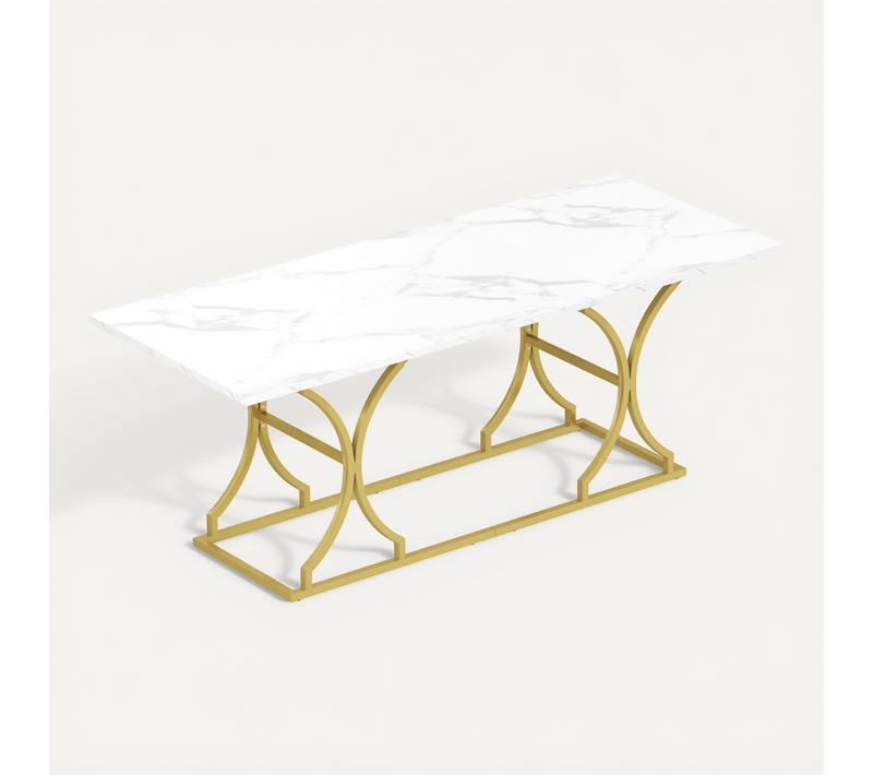 Table De Salle à Manger 200x80x76 Cm Avec Motif De Marbre, Pieds Dorés, En Mdf, Blanche Et Or