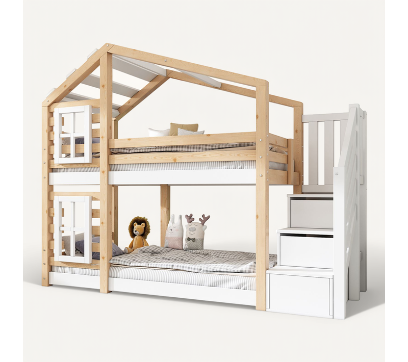 Lit Superposé Cabane Enfant 90x200cm, Avec Rangements, Protection Anti-chute, Bois Naturel + Blanc