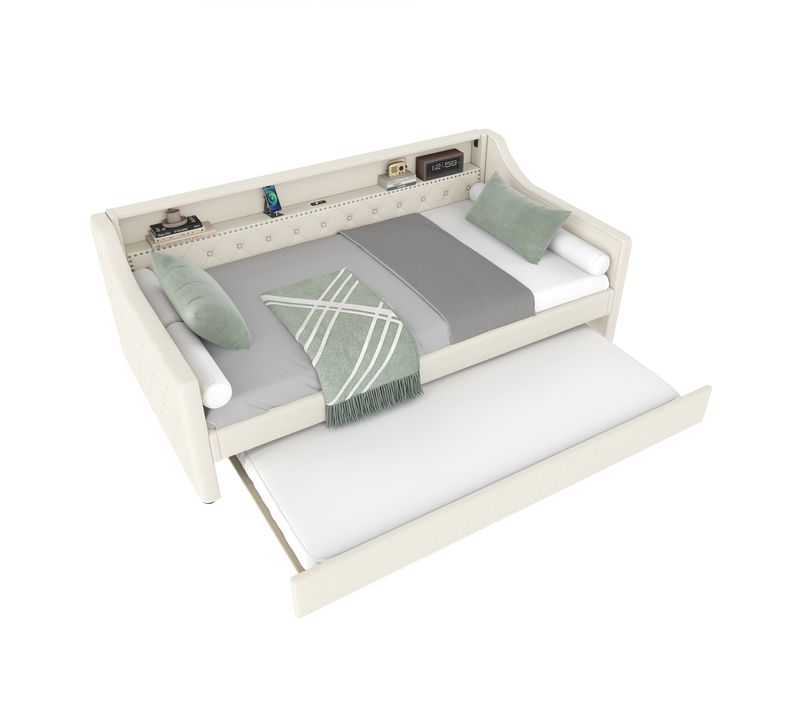 Lit Gigogne 90x200cm Avec LED, Lit Extensible 90x190, Prise USB, Sommier, En Lin, Beige