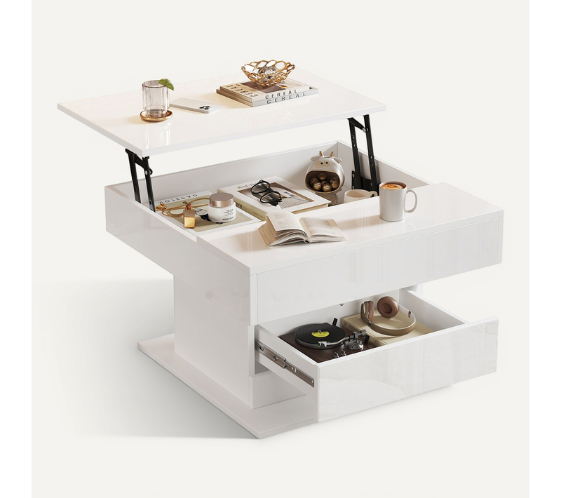 Table Basse Relevable 70x70x45 Cm Avec 1 Tiroir, Rangement Caché, En Panneaux Particules, Blanche