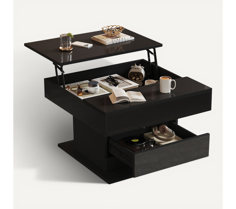 Table Basse Carrée 70x70x45 Cm, 1 Tiroir, Rangement Caché, Plateau Supérieur Rotatif à 360°, Noir