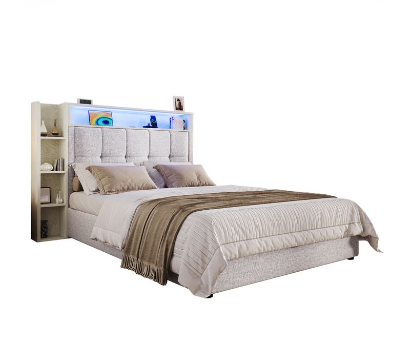 Lit Coffre Enfant 90x200 Cm Avec LED, charge USB Type C, Lin Et MDF, Beige