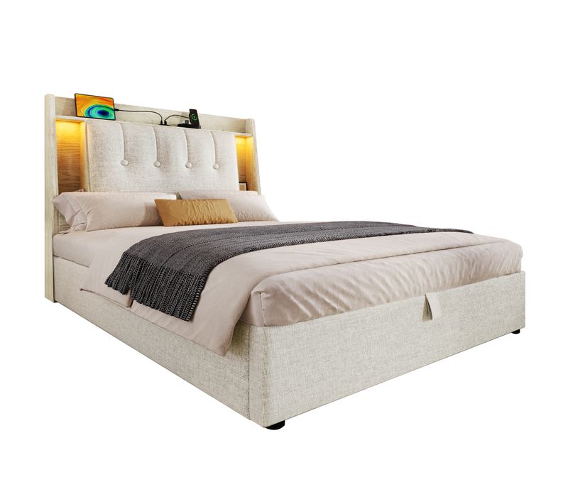 Lit Coffre 90x200 Cm Avec tête de lit ouvrante, LED coloré, Charge USB Type-C, Lin Et Mdf, Beige