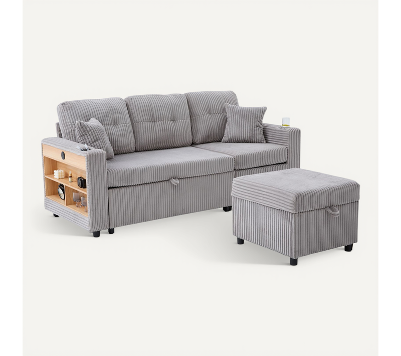 Canapé Convertible 3 Places 196x82/144x85 Cm, LED, USB-c, Porte-verres, En Tissu, Gris Clair