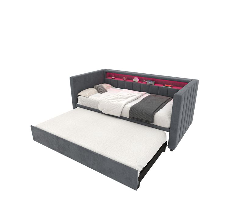 Lit Gigogne 90x190 Cm Lit Enfant Avec USB-c, LED, Rangement, En Velours, Gris Foncé