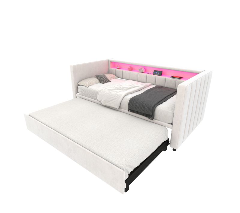 Lit Gigogne 90x190 Cm Lit Enfant Avec USB-c, LED, Rangement, En Velours, Beige
