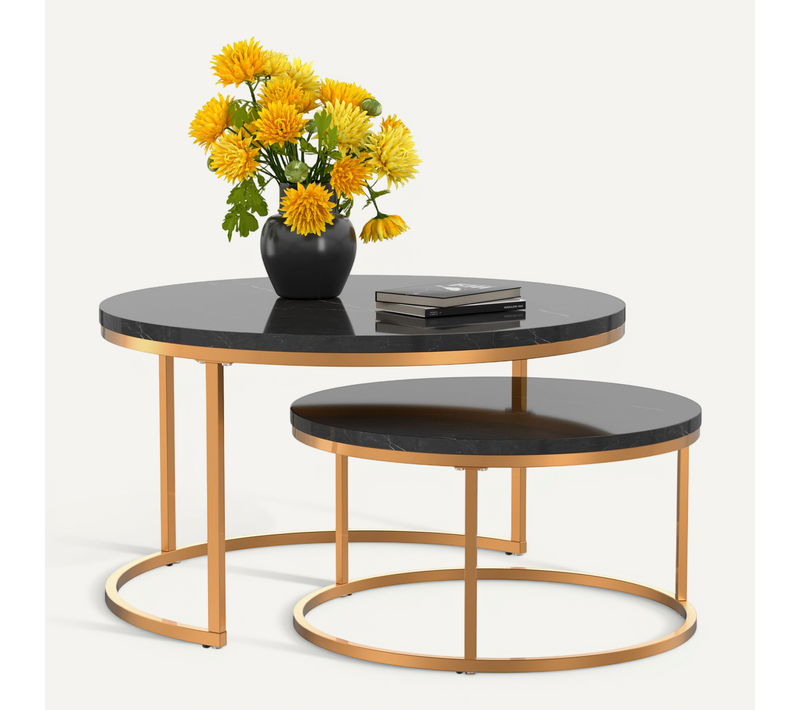 Table Basse Gigogne Ronde, Ensemble De 2, 80x80x45/60x60x33.5 Cm, Placage De Marbre Mdf, Noir+doré