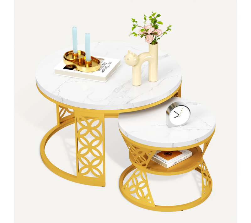 Table Basse Gigogne Ronde, Ensemble De 2, 70x70x45/45x45x37 Cm, Placage De Marbre , Blanc+ Doré